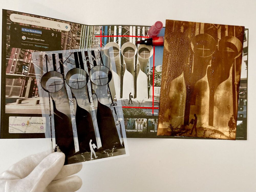 Heliography “Centre Pompidou, Midday”, created in August 2013 at 15 Rue Beaubourg, Paris. Handcrafted on aluminum with Niépce’s original 1822–1827 process using Bitume de Judée. Unique collector’s artwork.