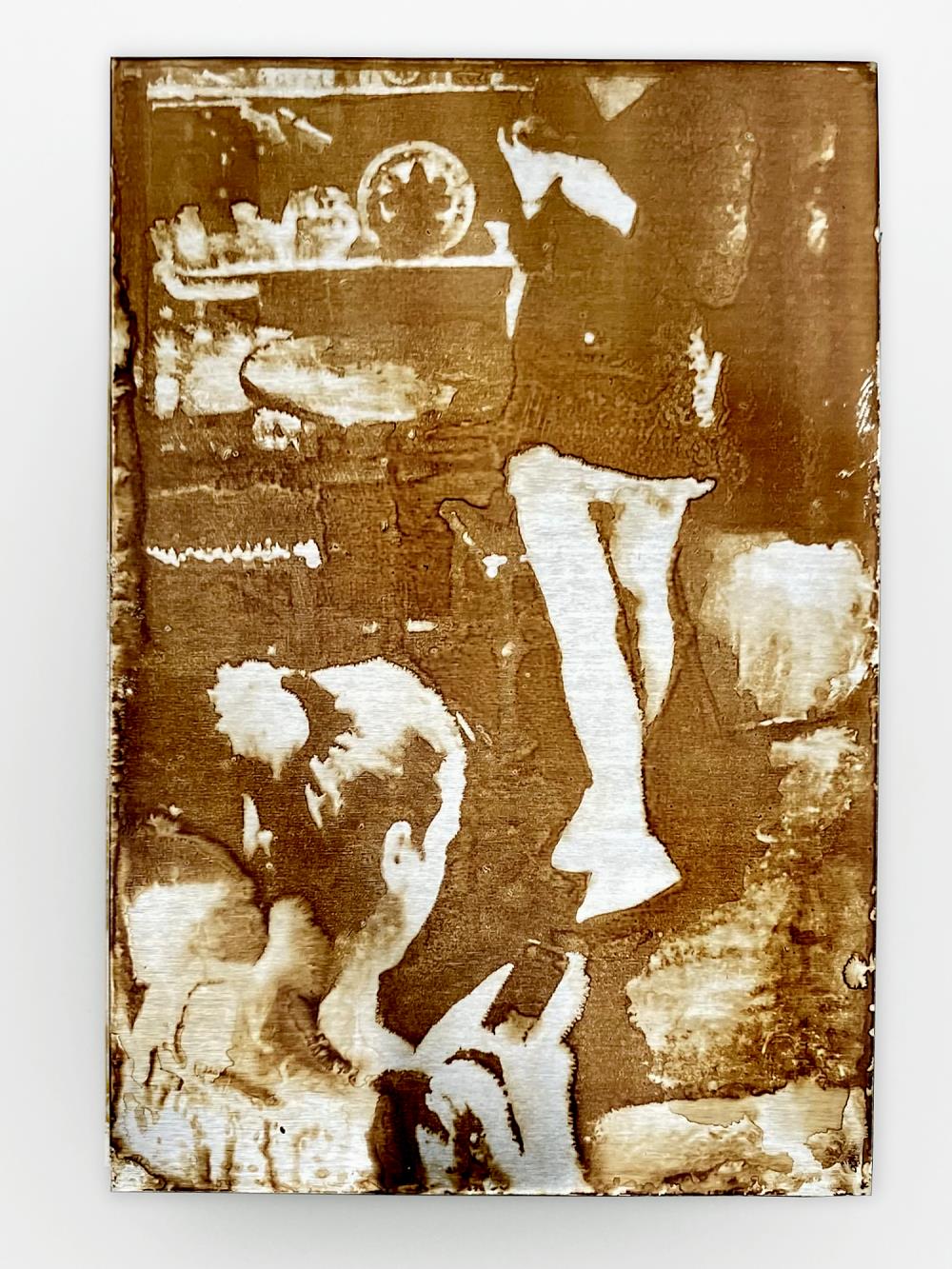 Heliography “Two Women with Phones”, created in May 2018 at 149 Rue Saint-Dominique, Paris. Handcrafted on aluminum with Niépce’s original 1822–1827 process using Bitume de Judée. Unique collector’s artwork.