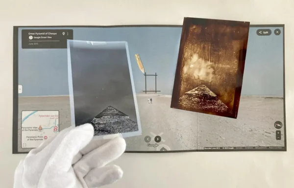 The Beginning, The pyramids and the pen, Heliography Project 1827–2027 Heliography “The Beginning, The pyramids and the pen”, Google Street View Photo – Great Pyramid of Cheops, June 2013. Handcrafted on aluminum with Niépce’s original 1822–1827 process using Bitume de Judée. Unique collector’s artwork.