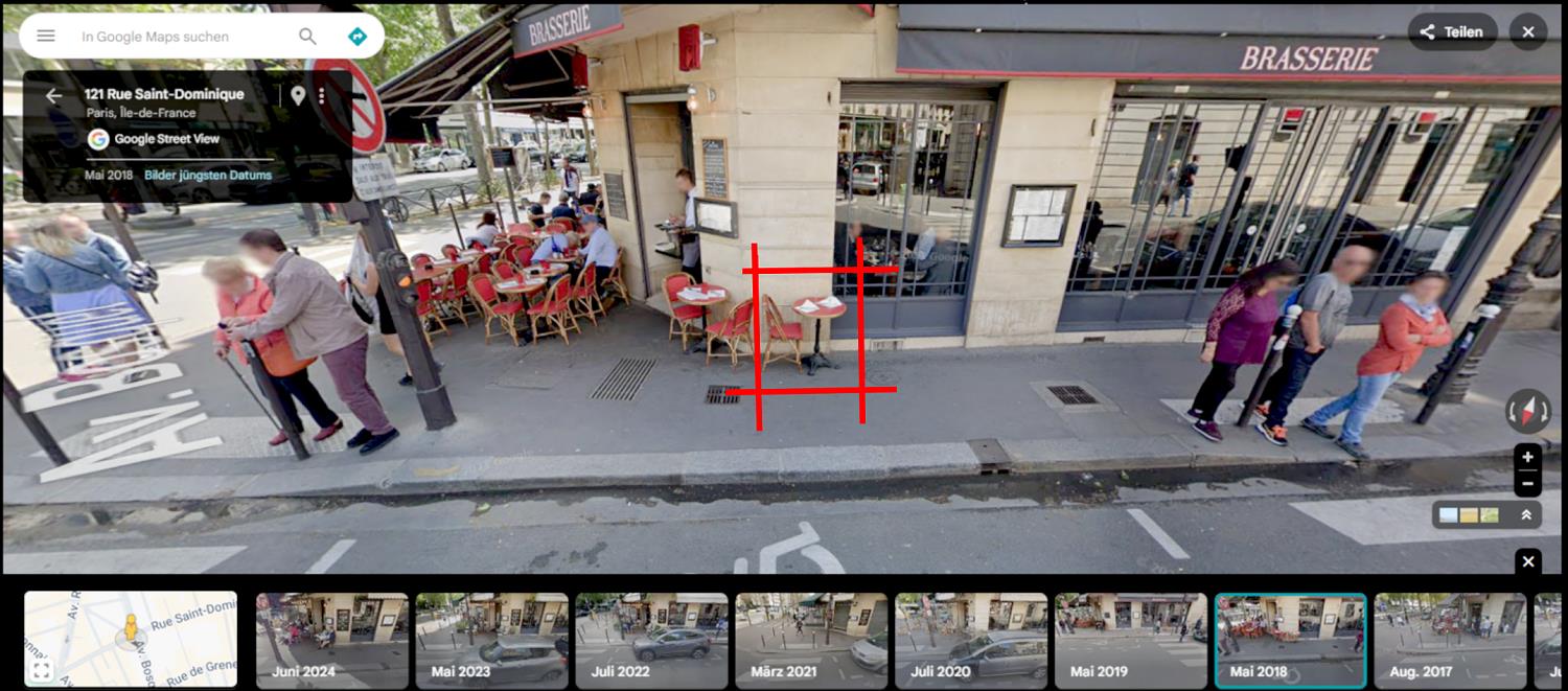 Przemek Zajfert, "Table with a Chair" – heliograph from Google Street View Frame, Paris, 121 Rue Saint-Dominique, May 2018. Heliography Project 1827–2027 Przemek Zajfert, "Table with a Chair" – heliograph from Google Street View Frame, Paris, 121 Rue Saint-Dominique, May 2018. Heliography Project 1827–2027