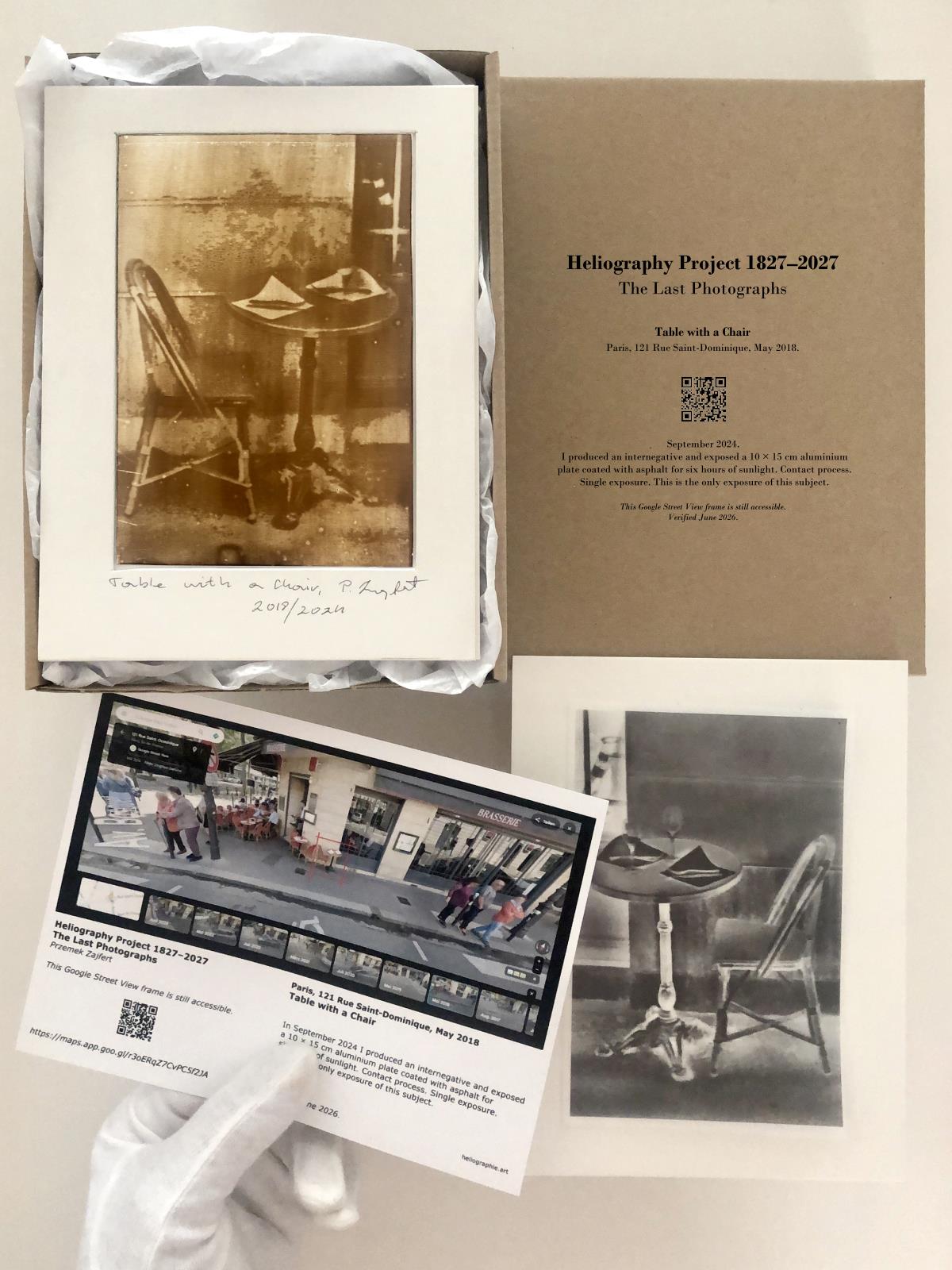 Przemek Zajfert, "Table with a Chair" – heliograph from Google Street View Frame, Paris, 121 Rue Saint-Dominique, May 2018. Heliography Project 1827–2027 Przemek Zajfert, "Table with a Chair" – heliograph from Google Street View Frame, Paris, 121 Rue Saint-Dominique, May 2018. Heliography Project 1827–2027