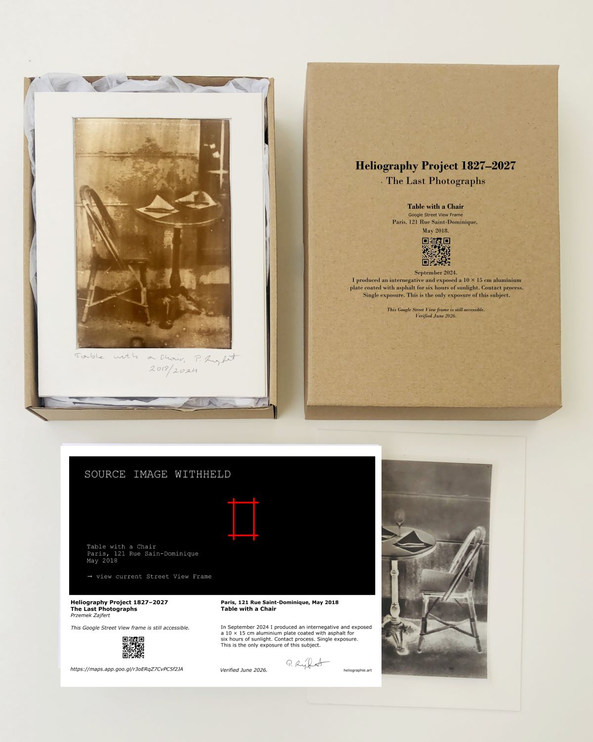 Przemek Zajfert, "Table with a Chair" – heliograph from Google Street View still, Paris, 121 Rue Saint-Dominique, May 2018. Heliography Project 1827–2027 Przemek Zajfert, "Table with a Chair" – heliograph from Google Street View still, Paris, 121 Rue Saint-Dominique, May 2018. Heliography Project 1827–2027