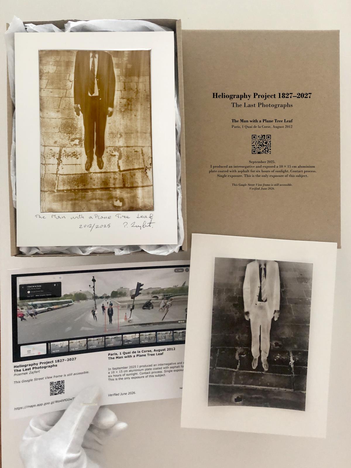 Przemek Zajfert, "The Man with a Plane Tree Leaf" – heliograph from Google Street View Frame, Paris, 1 Quai de la Corse, August 2012. Heliography Project 1827–2027 Przemek Zajfert, "The Man with a Plane Tree Leaf" – heliograph from Google Street View Frame, Paris, 1 Quai de la Corse, August 2012. Heliography Project 1827–2027