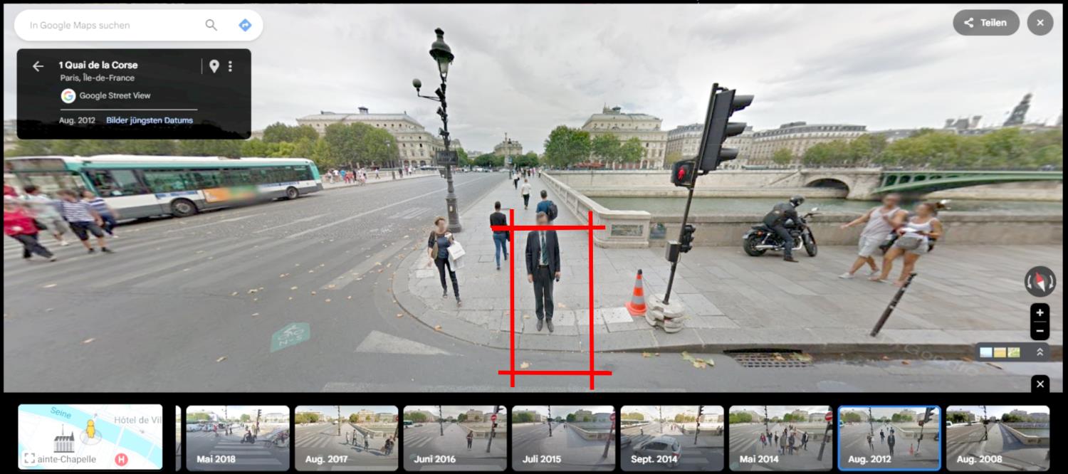 Przemek Zajfert, "The Man with a Plane Tree Leaf" – heliograph from Google Street View Frame, Paris, 1 Quai de la Corse, August 2012. Heliography Project 1827–2027 Przemek Zajfert, "The Man with a Plane Tree Leaf" – heliograph from Google Street View Frame, Paris, 1 Quai de la Corse, August 2012. Heliography Project 1827–2027
