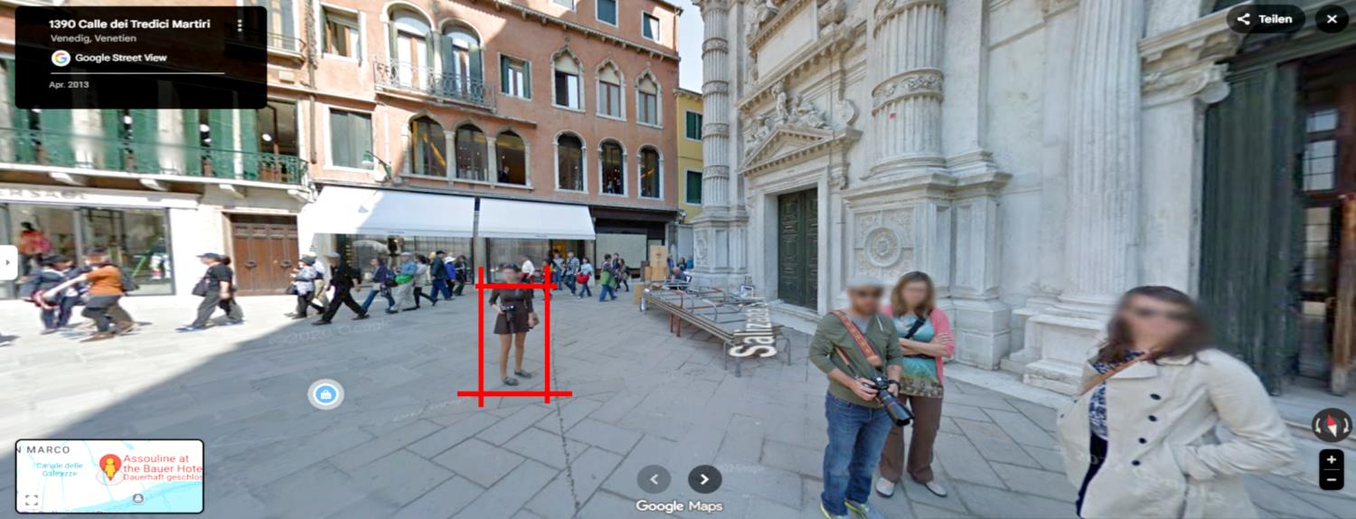 Przemek Zajfert, "Photographer" – heliograph from Google Street View Frame, Calle dei Tredici Martiri 2013. Heliography Project 1827–2027 Przemek Zajfert, "Photographer" – heliograph from Google Street View Frame, Calle dei Tredici Martiri 2013. Heliography Project 1827–2027