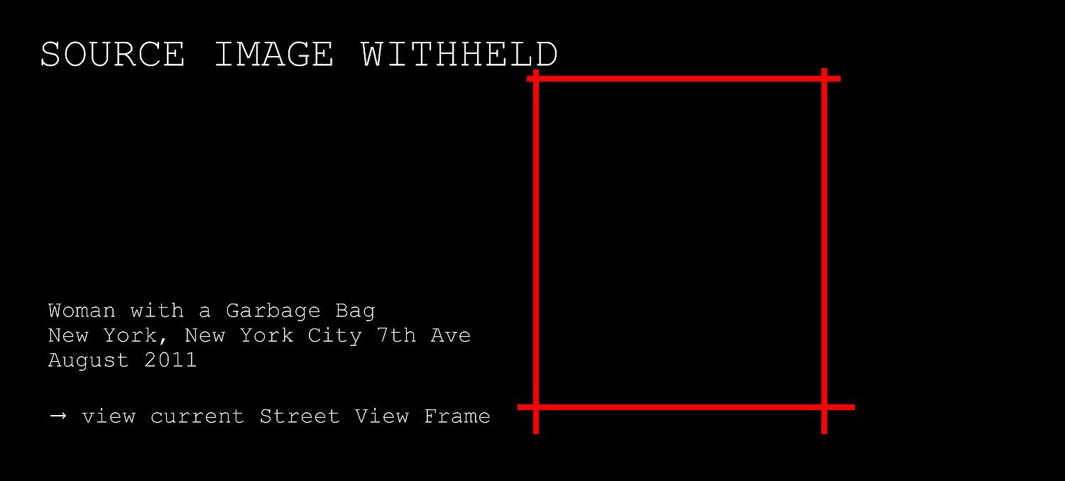 Przemek Zajfert, "Woman with a Garbage Bag" – heliograph from Google Street View Frame, New York, New York City, 7th Ave, August 2011. Heliography Project 1827–2027